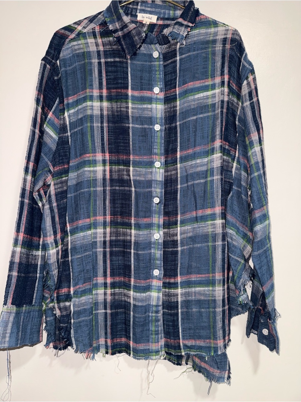 LA MIEL Navy Plaid Button-Down Shirt with Pink and Green Stripes